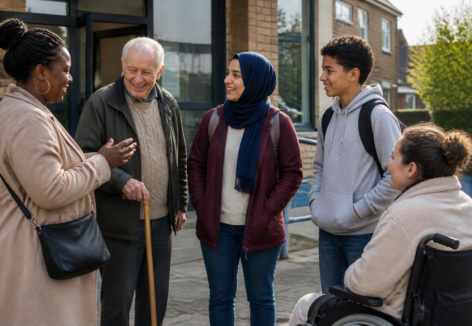 A diverse group of UK community members of different ages, ethnicities and abilities talking outside a community centre